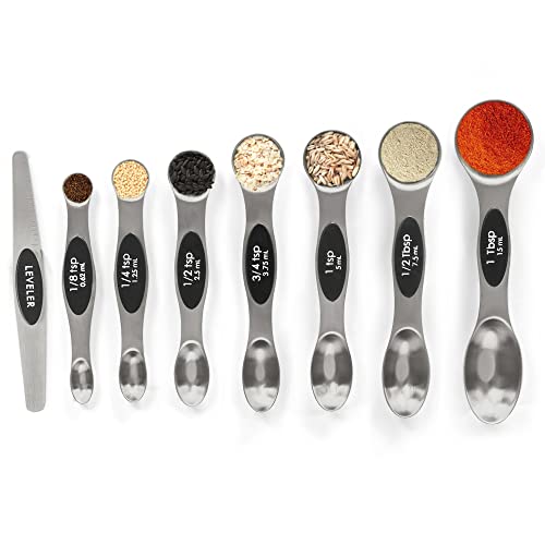 Magnetic Measuring Spoons Set with Leveler, Stackable Stainless Steel Tablespoons for Baking, Fits in Spice Jars - color: Silver