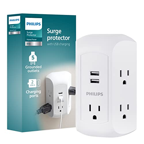 Philips 5-Outlet Extender, Grounded Wall Tap, 3-Prong, 2 USB-A - size: 1 Pack, style: 5 Outlet | 2 USB-A | Surge