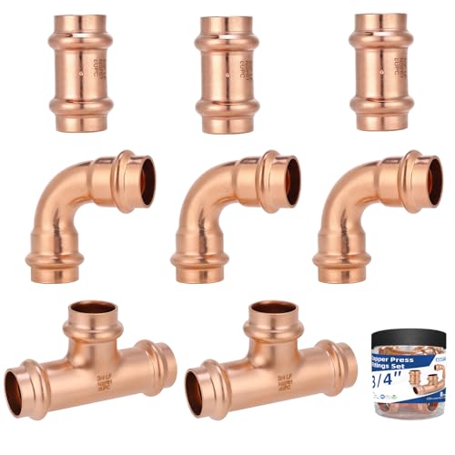 (8-Pack YVSKM) 3/4 Inch Press Fittings Assortment Kit – 2 Tee + 3 Coupling + 3 Elbow with Stop, Zero Lead, Fits 3/4" Pipe Systems for Water Lines, Heating Loops, Repair & Upgrade Projects - style: 3/4 Inch 8-Pack
