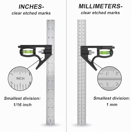 12-Inch Adjustable Combination Square, Metric & Imperial with Level