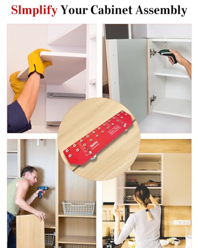 TANYO 11-Hole Shelf Pin Jig, 1/4" & 5mm Drill Bits, Cabinet Hardware | ﻿Aluminum Shelf Jig, Self-contained Clamping Function, Cabinet Hardware Jig Woodworking Tool Drill Guide - color: Scarlet, size: 11 Hole