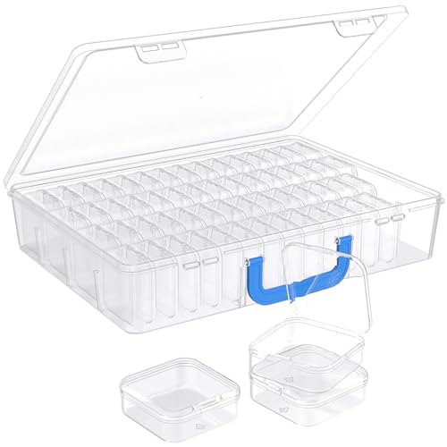Bead Organizer with Handle, 60Pcs Small Clear Bead Storage Boxes with Labels, Large Craft Case and Mini Plastic Dispensing Containers for Jewelry Making Diamonds Arts Screws Seeds Small Parts - size: 1 Pack - 60 Pcs (2.16" x 2.16" x 0.78")