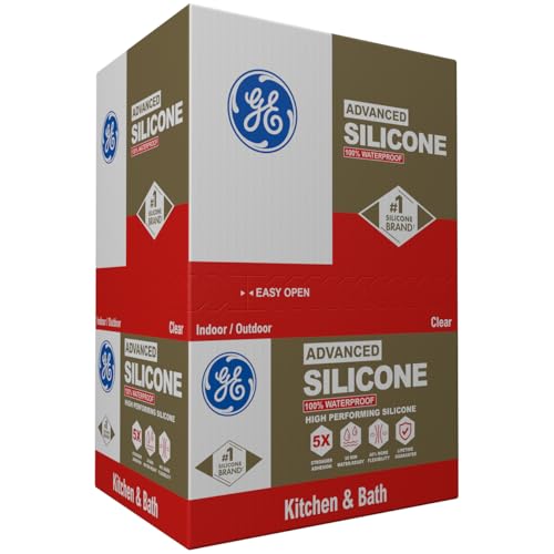 GE Advanced Silicone Caulk for Kitchen & Bathroom, Clear, 10 fl oz Cartridge, 12 Pack - 100% Waterproof Silicone Sealant, 5X Stronger Adhesion, Shrink & Crack Proof - size: Pack of 12, style: Clear