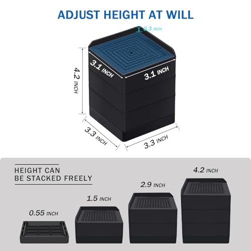 ANNKUT Bed Risers 4 inch Heavy Duty, Furniture Risers for Desk Table Sofa Couch Lifts to 1.5、3 or 4 in, Square Adjustable Risers Blocks, Support Up to 1,300 Lbs（4 Pack-Black） - color: 4 Inch-black(square)