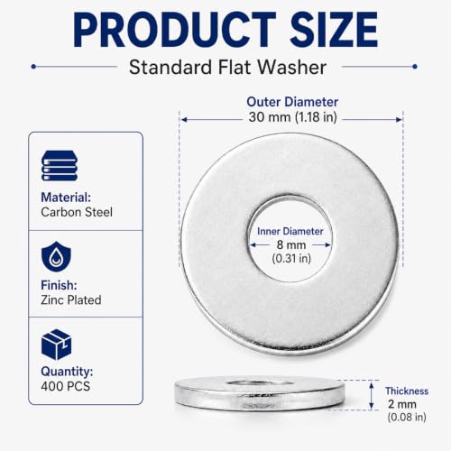 Acrux7 400PCS Steel Fender Flat Washers 5/16" x 1-1/5" Fender Washer, 2mm
