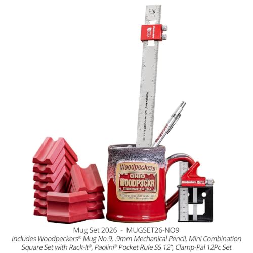 Woodpeckers Woodworker Gift Set, Mini Combination Square, Pocket Rule, Pencil, Clamp Pads and Mug, Made in USA - MUGSET26-NO9