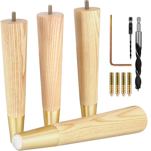 Airy Abode Premium Ash Wood Furniture Legs with Gold Caps (Full Install Kit) - Pick Your Size and Color - color: Ash / Gold, size: 10 Inches