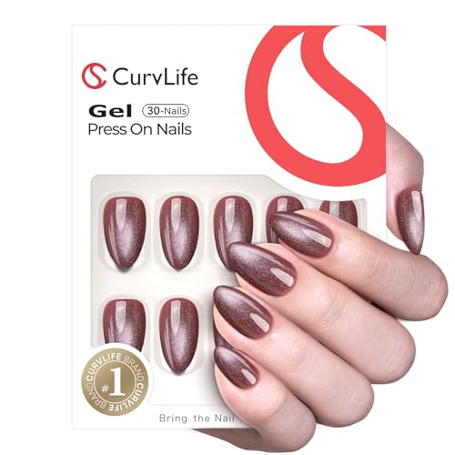 CurvLife Short Almond Fall Press On Nails, Pink Purple Cat Eye, Soft Gel - color: Cat Eye Pink