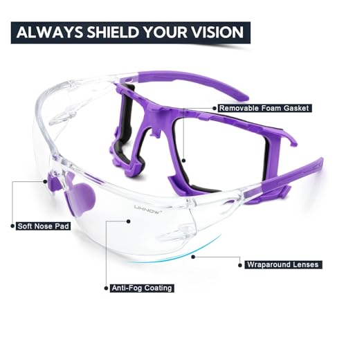 UKNOW Safety Glasses - Anti Fog Wraparound Lenses - Removable Foam Gasket - ANSI Z87.1 Protective Eyewear - Impact Resistant - color: Purple