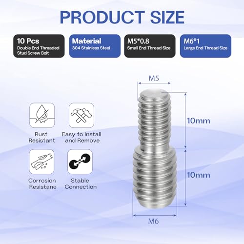 M5x10mm to M6x10mm Double End Threaded Stud Screw Reducing Bolt,304 Stainless Steel Thread Reducer Adapter for Furniture Fastener Welding, Hardware Connectors 10 Pack - size: M5x10mm to M6x10mm