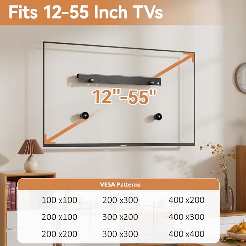 Studless TV Wall Mount for Drywall, No Stud Hanger for 12–55 Inch, No Drill Wall Mount TV Bracket, VESA Max 400x400, Up to 100lbs, Low Profile, Tilts 5°, No Damage, Easy Install for Rental Apartment - size: 12"-55"