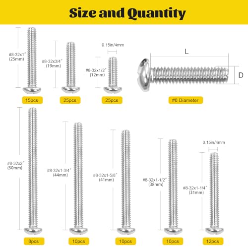 115PCS #8-32 Phillips Pan Head Machine Screws Bolts Assortment Kit - size: SS #8 115pcs