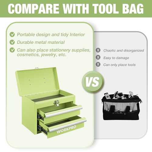 WORKPRO Portable Mini Metal Tool Box with 2 Drawers - color: Macaron Green