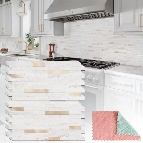 StyloVue 20 Sheets Peel and Stick Backsplash for Kitchen, Pearl White Sandstone with Metal Gold Look Stick on Tile Upgrade Your Kitchen Backsplash, RV, Fireplace - color: Pearl White Sandstone With Metal Gold