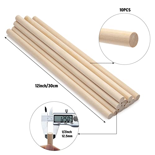 Wooden Dowel Rods Wood Dowels, 10PCS 1/2 x 12 Round Wooden Sticks for Crafts, Macrame Dowels, Unfinished Hardwood Sticks for Crafting, Arts and DIYers, Tiered Cake Support and Wedding Ribbon Wands - size: 1/2"×12"-10PCS