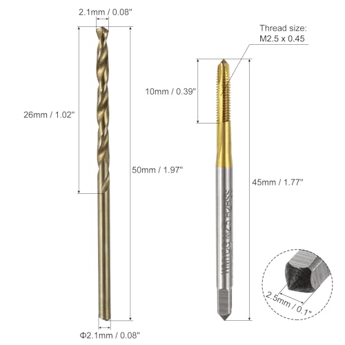 uxcell Metric Tap & Drill Bit Set, 2pcs M2.5 x 0.45 Spiral Point Thread Taps Titanium Coated and 2pcs 2.1mm Twist Drill Bits Roasted Yellow, Screw Tapping Threading Tools - size: M2.5 x 0.45 + 2.1mm