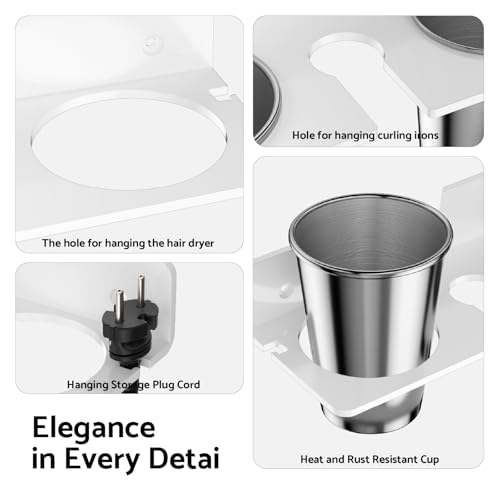 HIIMIEI Hair Tool Organizer Wall Mount, White Acrylic Hot Tool Holder with 2Cups, Bathroom Hair Styling Accessories Storage Organizer for Flat Iron, Blow Dryer, Curling Wand