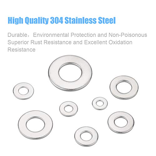 DYWISHKEY 268PCS 8 Sizes Flat Washers Assortment Kit, 1/2 3/8 5/16 1/4 12# 10# 8# 6#, 304 Stainless Steel
