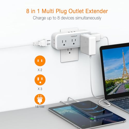 TESSAN Multi Plug Outlet Splitter, Wall Surge Protector, 1875W, Grey - color: Gray, size: 5 Outlets (USB-A)