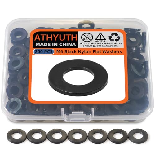 M6 Black Nylon Washers, 6mm ID, 12mm OD, 1.2mm Thickness, Plastic Flat Round Washers, 200 Pieces Nylon Washer Hardware Set - size: M6