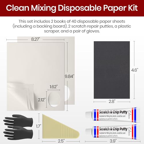 Calvana Clean Mixing Disposable Paper Kit for Body Fillers, Fiberglass, Resins, Putties, Touch-Up Paint, Includes 2 Scratch Repair Putties, Plastic Scraper, Gloves, 8.27 x 9.84 in, 80 Sheets Total - size: 2Pack+2Set Mixing Board