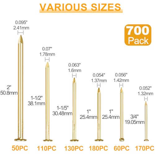 KURUI Gold Picture Hanging Nails Assortment Kit, 700 Pcs Wall Hanging Set for Frame, Art , Photo, 6 Sizes Brass Small Framing Nails for Home Improvement and Wall Decor - color: Gold