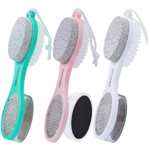 Foot Scrubber Brush with Pumice Stone for Feet 5-in-1, 3Pcs Foot File Callus Remover Pedicure Tool, Stainless Steel Feet Scraper, Cleaning Brush & Sand Paper Debris Catcher, Soft Smooth Feet - color: Cyan Pink White