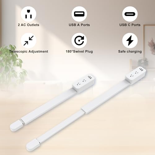 Electrical Outlet Extender Stick - Features USB-A, USB-C and 2 AC Outlets, Extends 22"-34", Rotates 180° Access Hard-to-Reach Outlets, Wall Plug Power Socket Expander Nightstands, Sofa, Desks and More - color: White