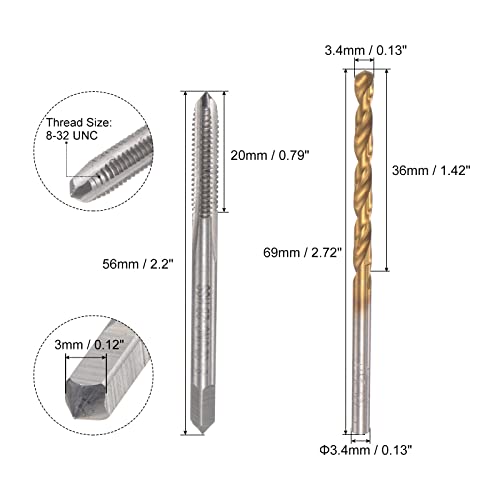 uxcell 8-32 UNC Straight Flute Thread Tap and 3.4mm Twist Drill Bit Set, Titanium Plated 6542 High Speed Steel Drilling Bit Machine Threading Tap - size: 8-32 UNC + 3.4mm