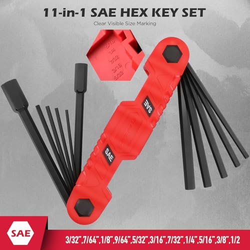 11-Piece Large Folding Hex Key Set SAE (3/32"-1/2"), Heavy Duty Allen Wrench Set, Portable Tool for Archery, Bike Repair, Furniture, and Basic Home Maintenance (Red) - style: 11-Piece SAE (Folding - Red)