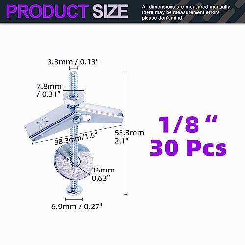 Swpeet 120Pcs 30 Set 1/8 Inch Toggle Bolts and Wing Nut Kit with Hex Nuts, Washers, Toggle Bolt Assortment Kit, Butterfly Toggle Anchors for Hanging Heavy Items on Drywall - size: 1/8 Inch