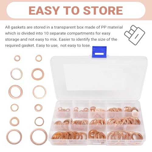 200 PCS Car Copper Washers Assortment Kit, Metric Copper Crush Washer, 9 Sizes Flat Sealing Washer Assortment Kit, Universal Copper Oil Pan Plug Sealing Gaskets for Cars (Gold)