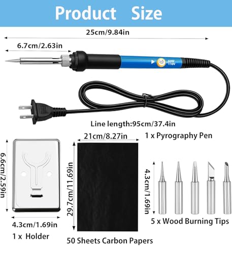 Wood Burning Kit 60W 110V Pyrography Pen Set Adjustable Temperature Soldering Iron Wood Burner with Carbon Paper Dotting Tools and Tips Stand Accessories for DIY Arts Crafting Embossing Carving