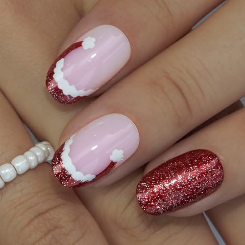CurvLife Medium Oval Press On Nails, Santa Hat, Soft Gel - color: Santa Hat Nails