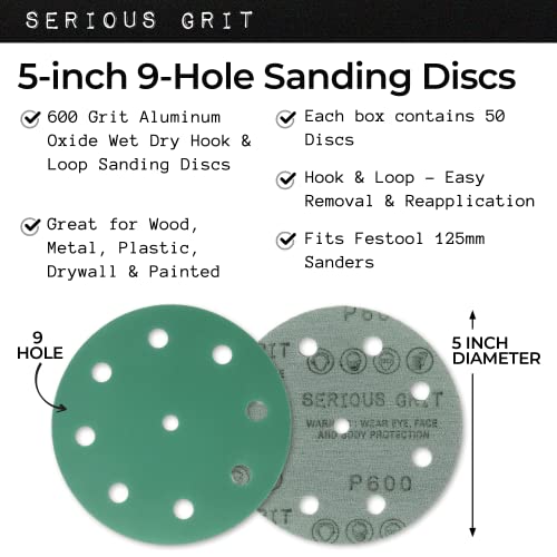 Serious Grit - 5-Inch 9-Hole P600 Grit Sanding Discs - 50 Pack Box - size: 600 Grit