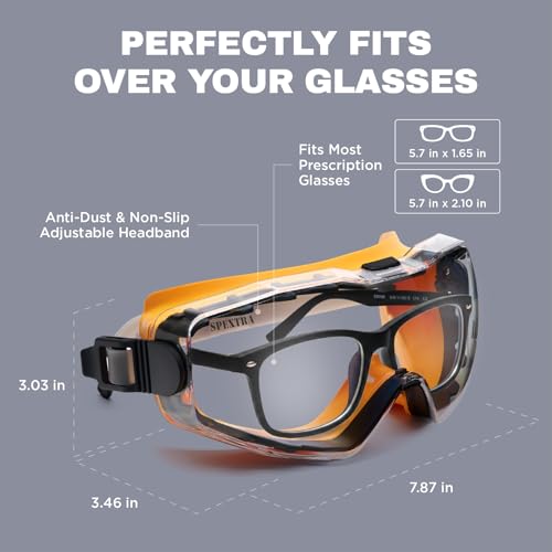 SPEXTRA Safety Goggles Over Glasses Anti-Fog Clear Lens, ANSI Z87.1 Impact Resistance, UV Protection, Lab Chemistry Goggles with Adjustable Headband, Quick-Adjust Buckle, Eyewear for Men Women