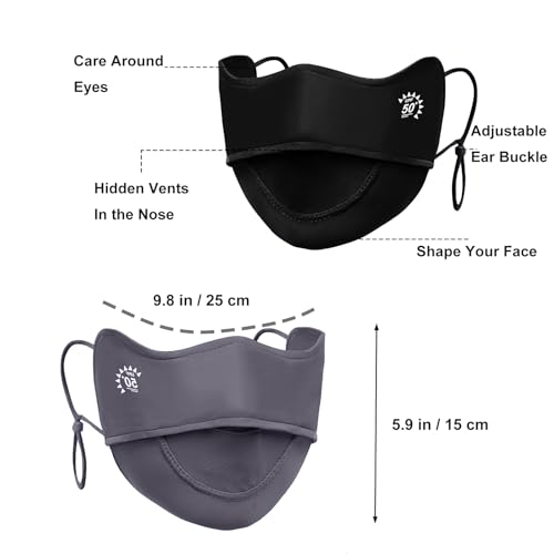 2Pcs UV Face Mask, Sun Masks for Women, Cooling Breathable Face Cover for Outdoors, Washable Reusable - color: Dark Grey, Black