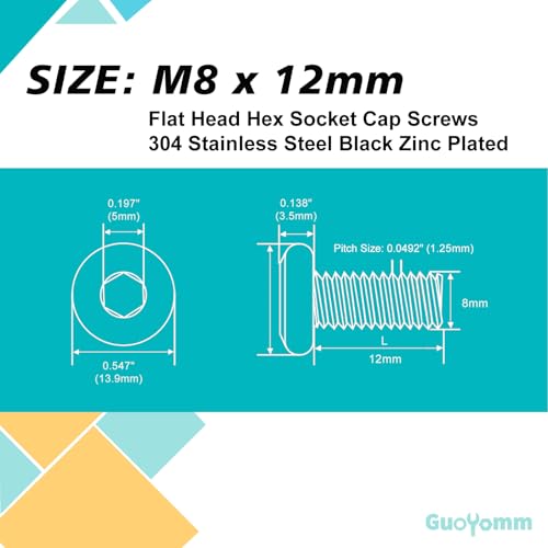 M8 x 12mm 25Pcs Flat Head Hex Socket Cap Screws, 304 Stainless Steel 18-8, Black Zinc Plated, Connection Furniture Bolts, Full Thread - size: M8 x 12mm(25PCS)