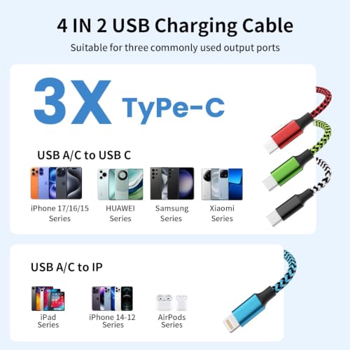 Cruise Essentials 4 in 2 Multi Charging Cable, USBA/ C Phone Charger Cord - color: Red&Blue&White&Green