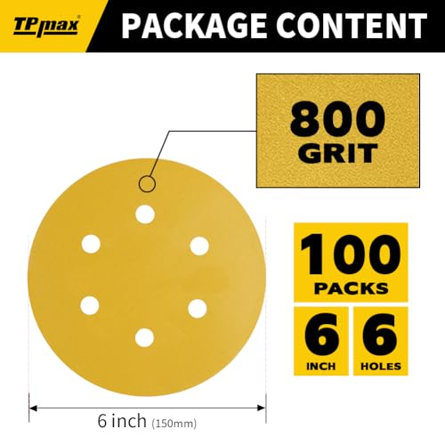 100PCS 6 Inch 800 Grit 150mm 6 Hole Sanding Discs Sandpaper - Premium Gold Round Hook and Loop for Random Orbital Sander - Ideal for Wood, Metal, Automotive - style: 800 Grit - 100 Pack