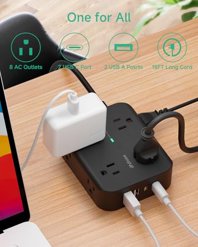 Power Strip Surge Protector 15FT, Flat Plug, Wall Mount, Desk Accessories - size: 15 FT