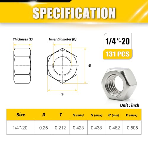 1/4-20 UNC Hex Nuts 131Pcs 304 Stainless Steel A2-70 Rustproof - size: SAE 1/4-20;131pcs