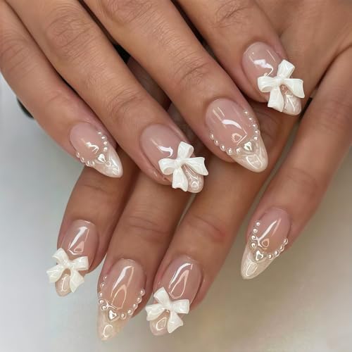 Press on Nails - White Bow Pearl Design Medium French Tip Fake Nails with Embossed Flower Designs, Glossy Finish Reusable False Nails with Glue Tabs - 24Pcs Nail Kit - color: white bow pearl