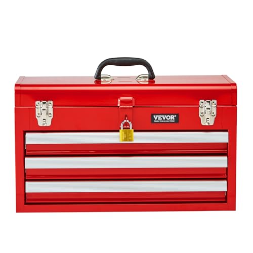 VEVOR Metal Tool Box, 20.5-inch, Portable Metal Tool Box with 3 Drawers, Small Tool Chest with EVA Liners, Ball Bearing Slide Drawers Locking & Powder Coated Finish, Multi-Function Tool Organizer, Red - size: 3 Drawers-Red