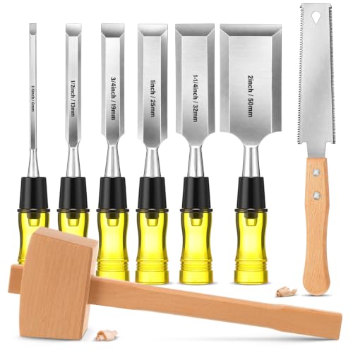 8 Pcs Woodworking Tools Set, Includes 6 Pcs Wood Chisel CR-V Steel Beveled Blades (1/4", 1/2", 3/4", 1", 1 1/4", 2"), Solid Beech Wood Mallet & SK5 Double-Edged Hand Saw for Carpenter DIY