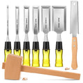 8 Pcs Woodworking Tools Set, Includes 6 Pcs Wood Chisel CR-V Steel Beveled Blades (1/4", 1/2", 3/4", 1", 1 1/4", 2"), Solid Beech Wood Mallet & SK5 Double-Edged Hand Saw for Carpenter DIY