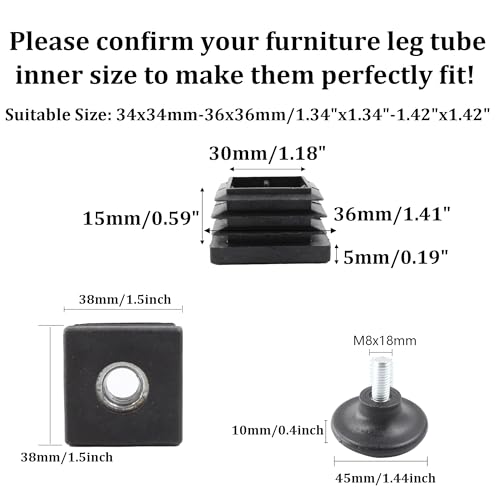 8Pcs Adjustable Leveling Feet 38 x 38mm Square Insert Kit Furniture Glide Leveler, Leveling Screw Leg for Cabinets Sofa Tables Chairs Raiser, Black - size: 38x38mm