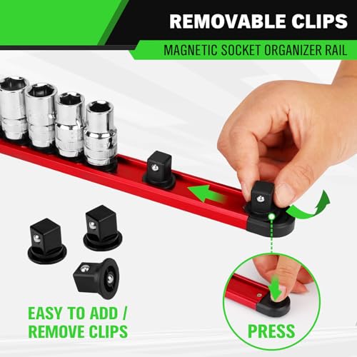 1/2-Inch Magnetic Socket Organizer Rail, Aluminum Alloy Socket Rail, Heavy Duty Sockets Holder with 12 Clips, 360° Swivel Clip Tool Tray, Sockets Organizer for Tool Box Drawer (Red) - style: Red 1/2-inch