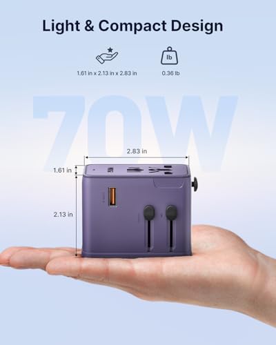 VINTAR Universal Travel Adapter 70W GaN, 5-in-1 with 3USB-C PD & 1USB-A QC - color: 70W Purple
