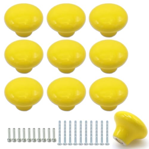 10-Pack Ceramic Cabinet Knobs Yellow 32mm Round Drawer Pull - color: Yellow